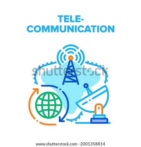 Telecommunication Technology Vector Icon Concept. Radio Tower And Satellite Antenna Telecommunication Technology For Global Connection And Broadcasting. Wireless Connect Color Illustration