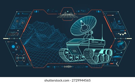 telecommunication technology or warfare tech, graphic of lined military satellite dish vehicle with topography and system interface