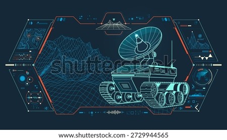 telecommunication technology or warfare tech, graphic of lined military satellite dish vehicle with topography and system interface
