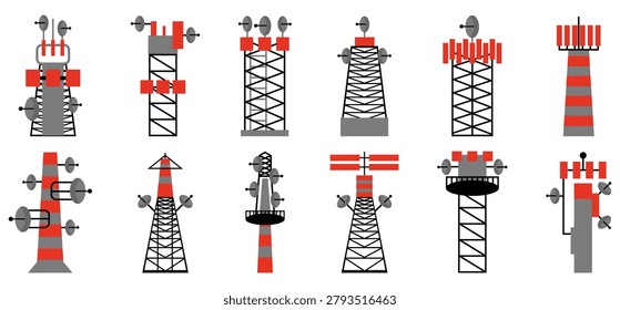 Telecommunication tower collection in flat style. Radio, cellular and broadcasting antenna structures
