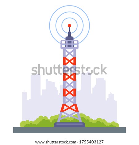 telecommunication tower a falling signal on the city. flat vector illustration.