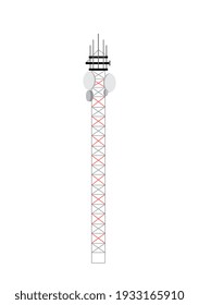 Telekommunikationsturm für globale Verbindung und drahtlose Kommunikation, flache Vektorgrafik einzeln auf weißem Hintergrund. Radio- oder Satellitenantennen.
