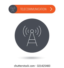 Telecommunication tower icon. Signal sign. Wireless wifi network symbol. Gray flat circle button. Orange button with arrow. Vector