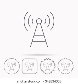 Telecommunication tower icon. Signal sign. Wireless wifi network symbol. Linear circle, square and star buttons with icons.