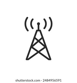 Telekommunikationsturm, Ikone im linearen Stil. Turm mit Wellen. Bearbeitbare Strichbreite