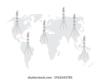 Telecommunication tower network on world map, global connection technology concept. Flat isolated vector illustration of communication towers isolated on white background.