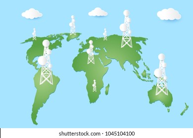 Telecommunication tower on world map.The concept of global communication network.Digital wireless connection system.Development of communication systems.Paper art style.vector illustration.