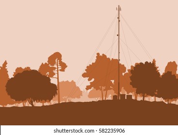 Telecommunication tower with television antennas and satellite dish vector background landscape with forest and trees