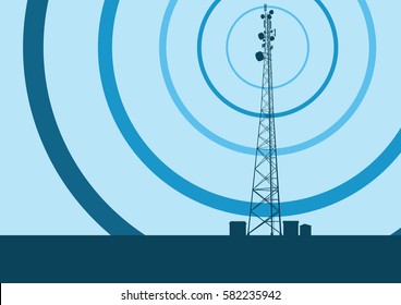 Telecommunication tower with television antennas and satellite dish vector background with illustrative abstract wireless signal