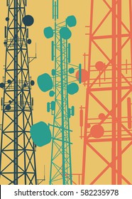 Telecommunication tower with television antennas and satellite dish vector background