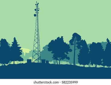 Telecommunication tower with television antennas and satellite dish vector background landscape with forest and trees