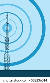 Telecommunication tower with television antennas and satellite dish vector background with illustrative abstract wireless signal