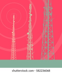 Telecommunication tower with television antennas and satellite dish vector background with illustrative abstract wireless signal