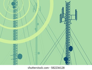 Telecommunication tower with television antennas and satellite dish vector background with illustrative abstract wireless signal