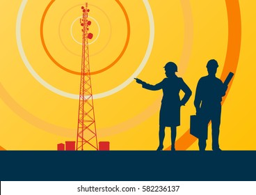 Telecommunication tower with television antennas and satellite dish engineer inspection vector background with illustrative abstract wireless signal