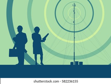 Telecommunication tower with television antennas and satellite dish engineer inspection vector background with illustrative abstract wireless signal