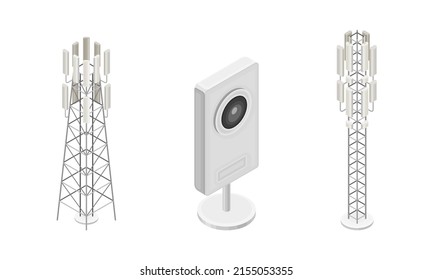 Telecommunication tower and webcam. Wireless technology devices isometric vector illustration