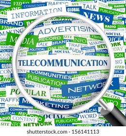 TELECOMMUNICATION. Word cloud concept illustration. Graphic tag collection. Wordcloud collage with related tags and terms. 