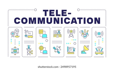 Telecommunication word concept isolated on white. Signal transmission. Radio and internet. Creative illustration banner surrounded by editable line colorful icons