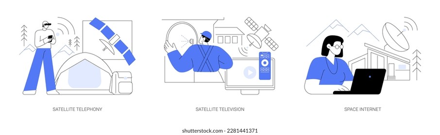 Telecommunications abstract concept vector illustration set. Satellite telephony and television, space internet modern broadcast delivery, radio signal, wireless connection abstract metaphor.