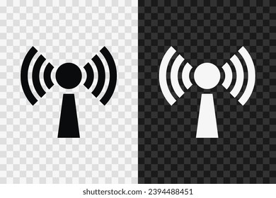 Telecommunications antenna silhouette icon, vector glyph sign. Radio signal symbol isolated on dark and light transparent backgrounds.