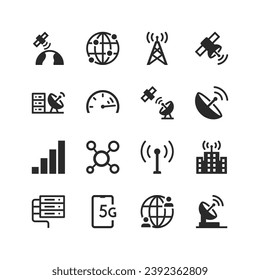 Telecommunications, communications, network icons set. Transmission and exchange of information. Telephones, satellites, antennas. Modern technologies and innovations. Black and white style