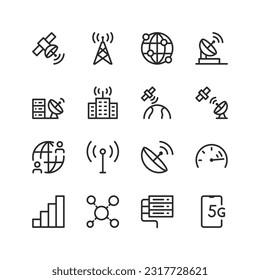 Telecommunications, communications, network, linear style icons set. Transmission and exchange of information. Telephone, satellite, antenna. Modern technologies and innovations. Editable stroke