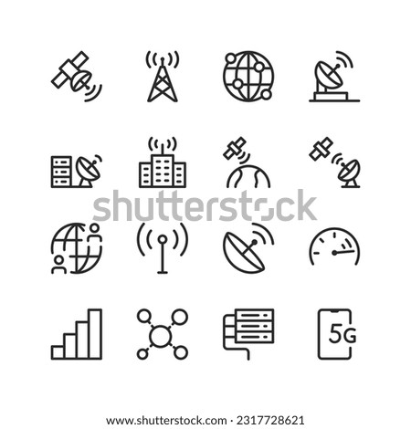 Telecommunications, communications, network, linear style icons set. Transmission and exchange of information. Telephone, satellite, antenna. Modern technologies and innovations. Editable stroke