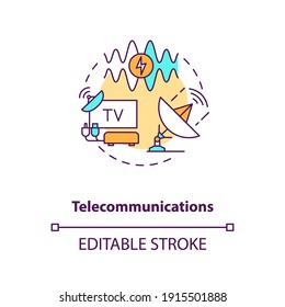 Icono de concepto de telecomunicaciones. Tecnología de la información mundial. Red móvil. Ilustración delgada de idea de ingeniería civil. Dibujo de color RGB con contorno aislado del vector. Trazo editable