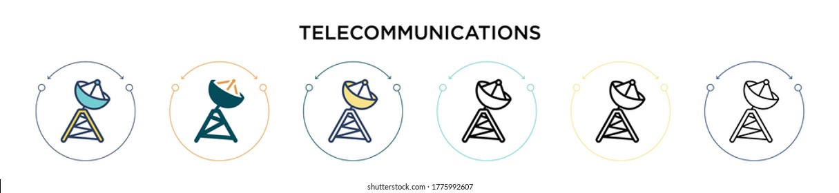 Icono de telecomunicaciones en estilo relleno, delgado, contorno y trazo. Ilustración vectorial de dos diseños de iconos vectoriales de telecomunicaciones en color y negro se pueden utilizar para móviles, ui, web