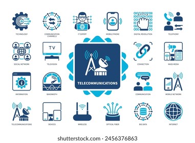 Telecommunications icon set. Bandwidth, Optical Fiber, Internet, Mass Media, Mobile Pone, Telephony, Television, Mobile Network. Duotone color solid icons