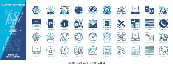 Conjunto de ícones de telecomunicações. Largura De Banda, Fibra Óptica, Internet, Mídia De Massa, Celular, Email, Televisão, Servidor. Ícones de contorno sólido e editável de cor duotônica