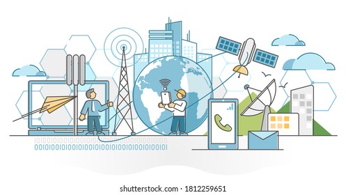 Telecommunications industry with satellite data signal wave outline concept. Phone and internet communication connection with antennas network around globe vector illustration. Cellular radar towers.