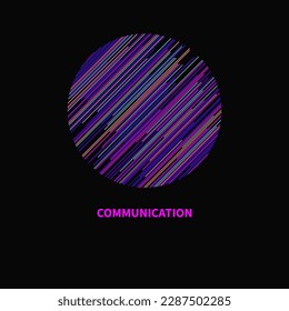 Logo de las telecomunicaciones, icono azul de la línea digital de comunicación. Concepto de planeta, símbolo abstracto geométrico redondo con rayas