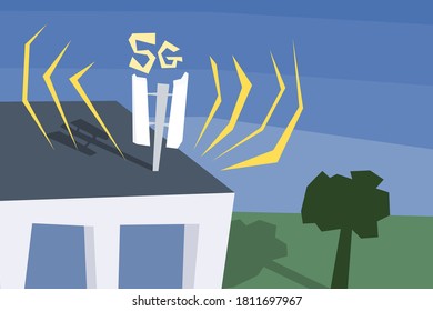 Telecommunications and mobile 5G network rooftop antenna. Quirky cartoon style illustration.