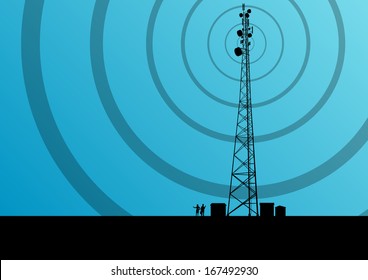 Telecommunications mobile phone base station radio tower with engineers in industrial concept background vector