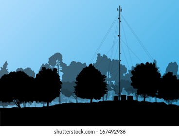 Telecommunications mobile phone base station radio tower in natural forest trees landscape concept background vector