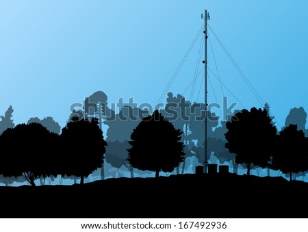 Telecommunications mobile phone base station radio tower in natural forest trees landscape concept background vector
