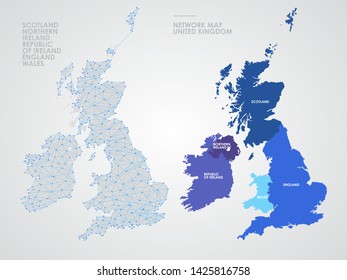 Telecommunications network of the British Isles, Abstract United Kingdom map polygonal geographic map, Political map of Great Britain and Ireland