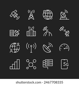 Telecommunications, network icons, white lines on black background. Information transmission, phones, satellites, antennas. Modern technologies. Customizable line thickness