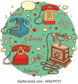 Telecommunications objects No.1. Set of 4 different telephones, signs, speech bubbles etc. isolated on background. Illustration is in eps10 vector mode.