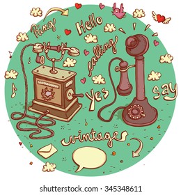 Telecommunications objects No.5. Set of 2 different telephones, signs, speech bubbles etc. isolated on background. Illustration is in eps10 vector mode.