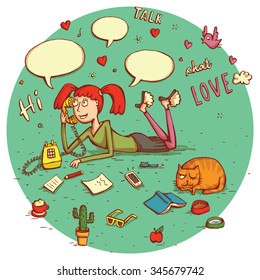 Telecommunications people No.4. Teenage Girl in composition of different objects, signs, speech bubbles etc. isolated on background. Illustration is in eps10 vector mode.