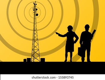 Telecommunications radio tower or mobile phone base station with engineers in concept background vector