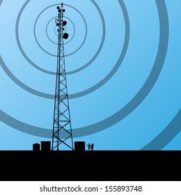 Torre de rádio de telecomunicações ou estação base de telefonia móvel com engenheiros em vetor de fundo conceito