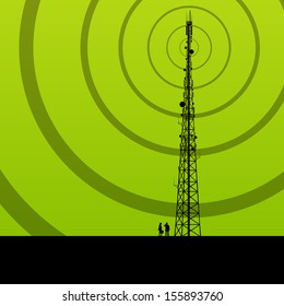 Telecommunications radio tower or mobile phone base station with engineers in concept background vector