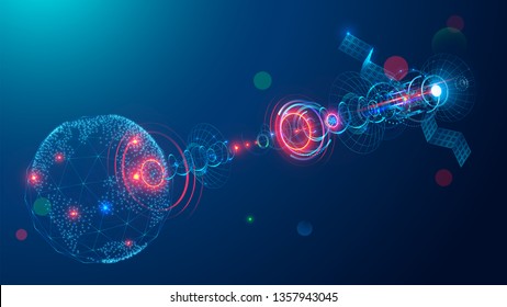 Telecommunications satellite broadcasting a abstract signal in space earth. Communication satellite antenna or dish transmits data of global internet network or tv throughout the world. Concept tech.