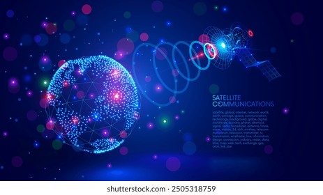 Telecommunications satellite broadcasting abstract signal in space on Earth. Communication satellite antenna or dish transmits data of global internet network or tv throughout the world. Concept tech.