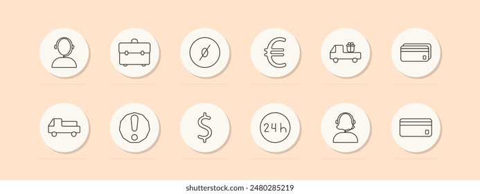 Icono de Telecomunicaciones. Teléfono, tarjeta SIM, señal, pantalla, Web, torre, llamada, wifi. Icono de línea de Vector sobre fondo de melocotón.