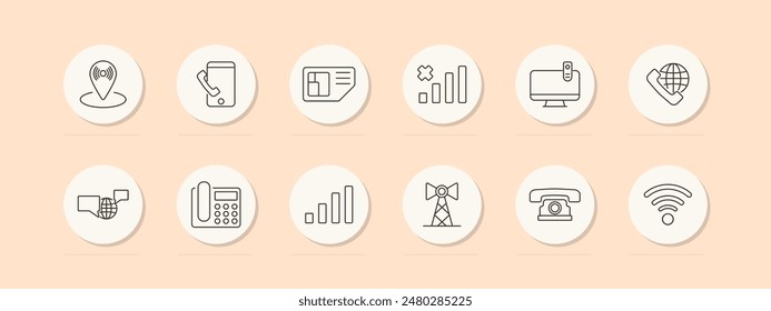 Telecommunications set icon. Phone, SIM card, signal, screen, web, tower, call, wifi. Vector line icon on peach background.